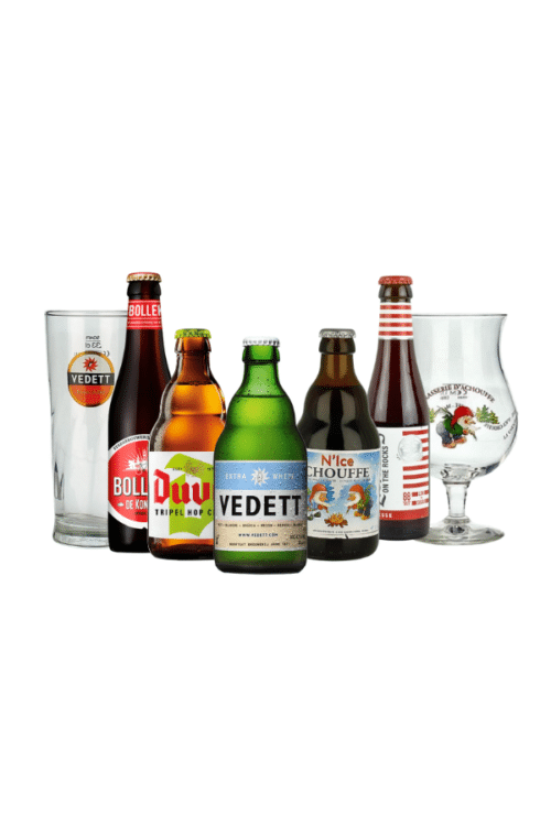 Duvel Mixed Case and 2 Beer Glasses
